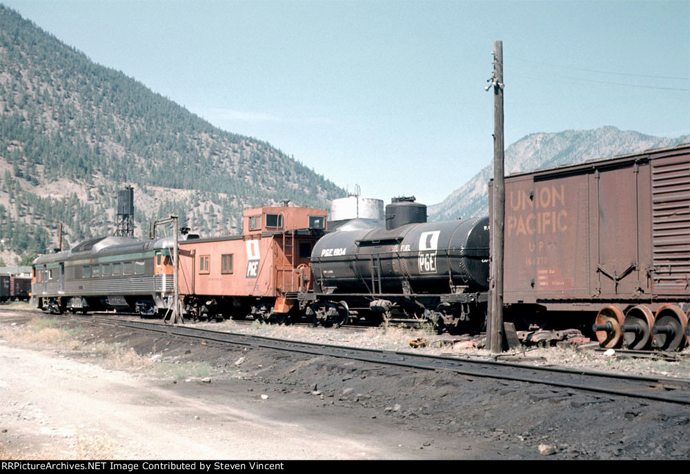 Pacific Great Eastern company diesel tank #1904, caboose 1826, & an RDC.